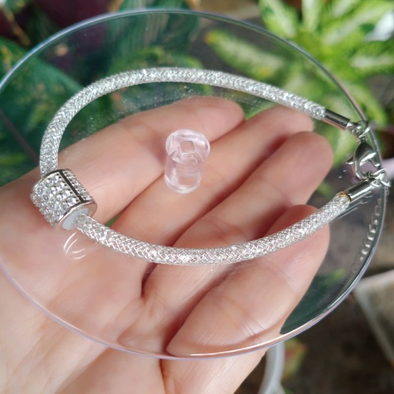 Gelang kawat kristal + tabung perak 925 asli