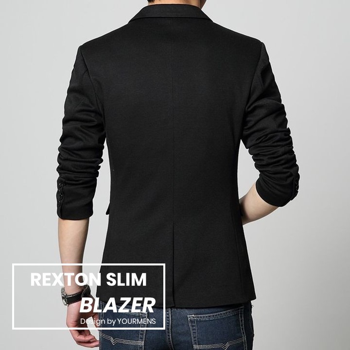 BLAZER PRIA PREMIUM WARNA HITAM SLIMFIT ORGINAL NIKAYU ONE BUTTON REXTON BLACK CASUAL SUIT