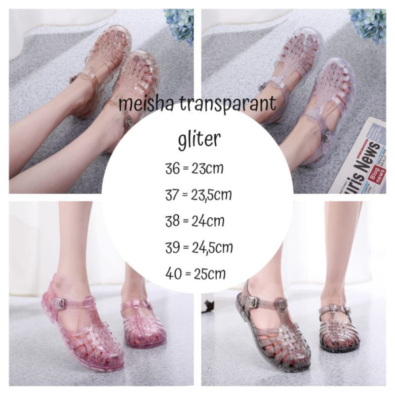 meisha jelly transparant gliter/meisha jelly shoes dewasa/sandal jelly wanita/sandal karet anti slip/sandal kekinian korea/jelly shoes