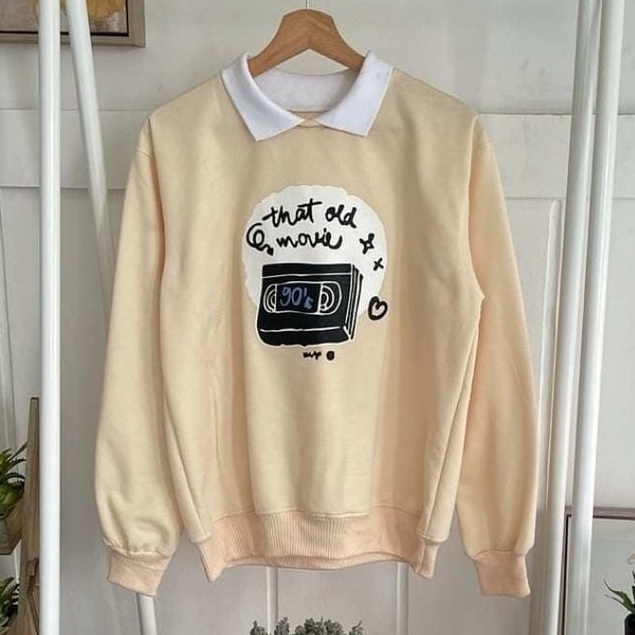 COD - Old Movie Sweater Combi Kerah Premium Fleece Tebal Outerwear Remaja Wanita Korean Style-Coksu