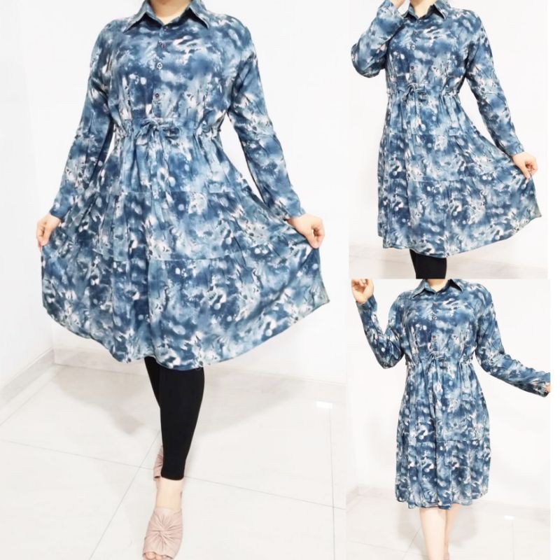 DRESS WANITA KATUN RAYON IMPORT KANCING TUNIK TIE DYE