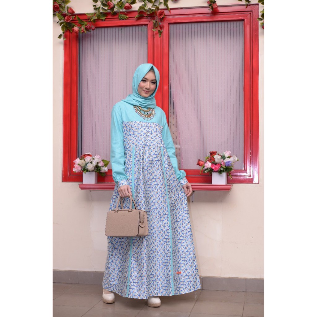 NIBRAS GAMIS / NS 36 BIRU MUDA BUSUI BAHAN RAMI KOMBINASI 