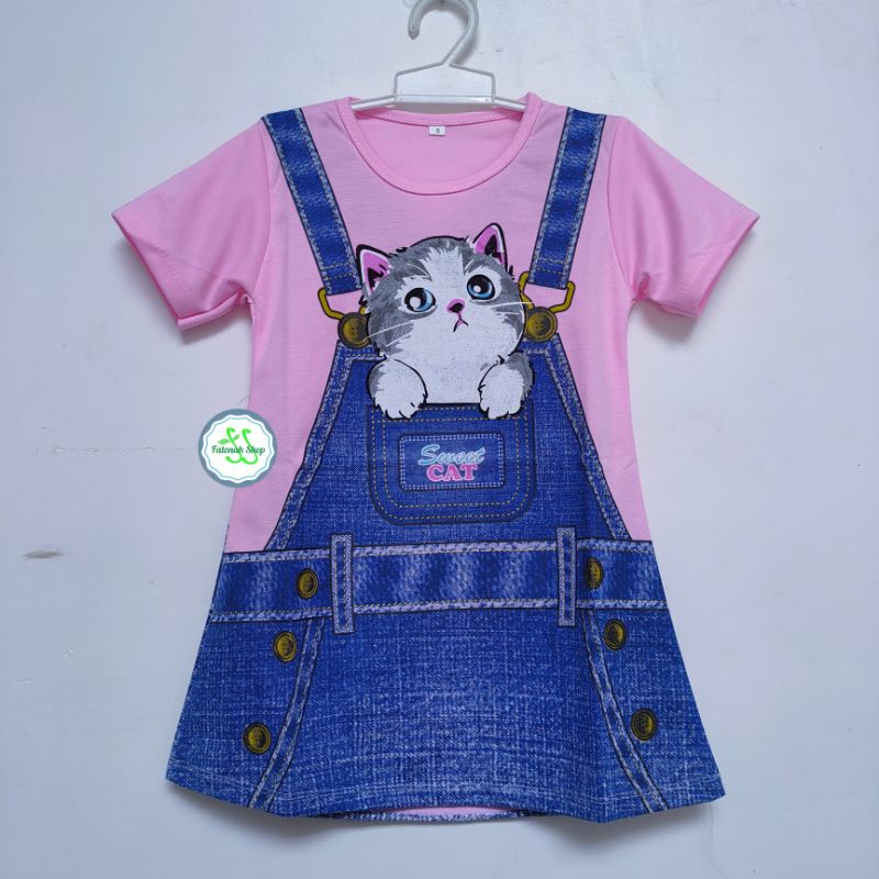 Dress Anak 1 2 3  tahun KUCING cat bear unyu adem Model baru fatonah shop jawa tengah merah kuning pink oren murah ( Dress DENIMA )