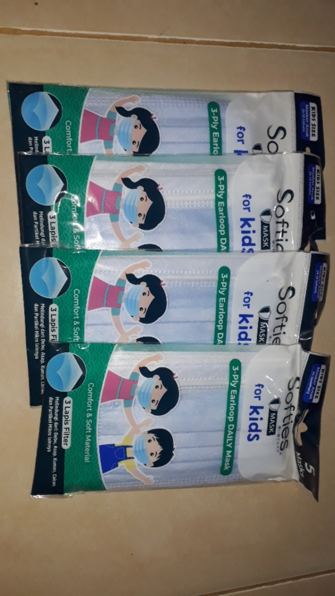 Masker Softies 3ply Isi 5pc Daily Kids Anak Hijab Pink Biru Earloop Head Loop Batik Parang Japanese