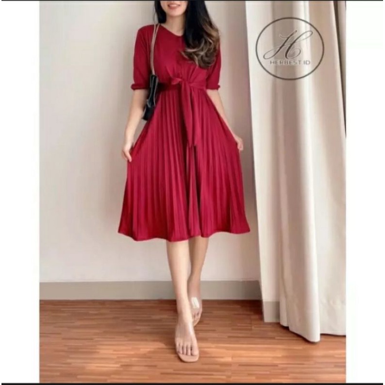 Dress Casual Formal Fashion Korean daster Wanita kombinasi Plisket