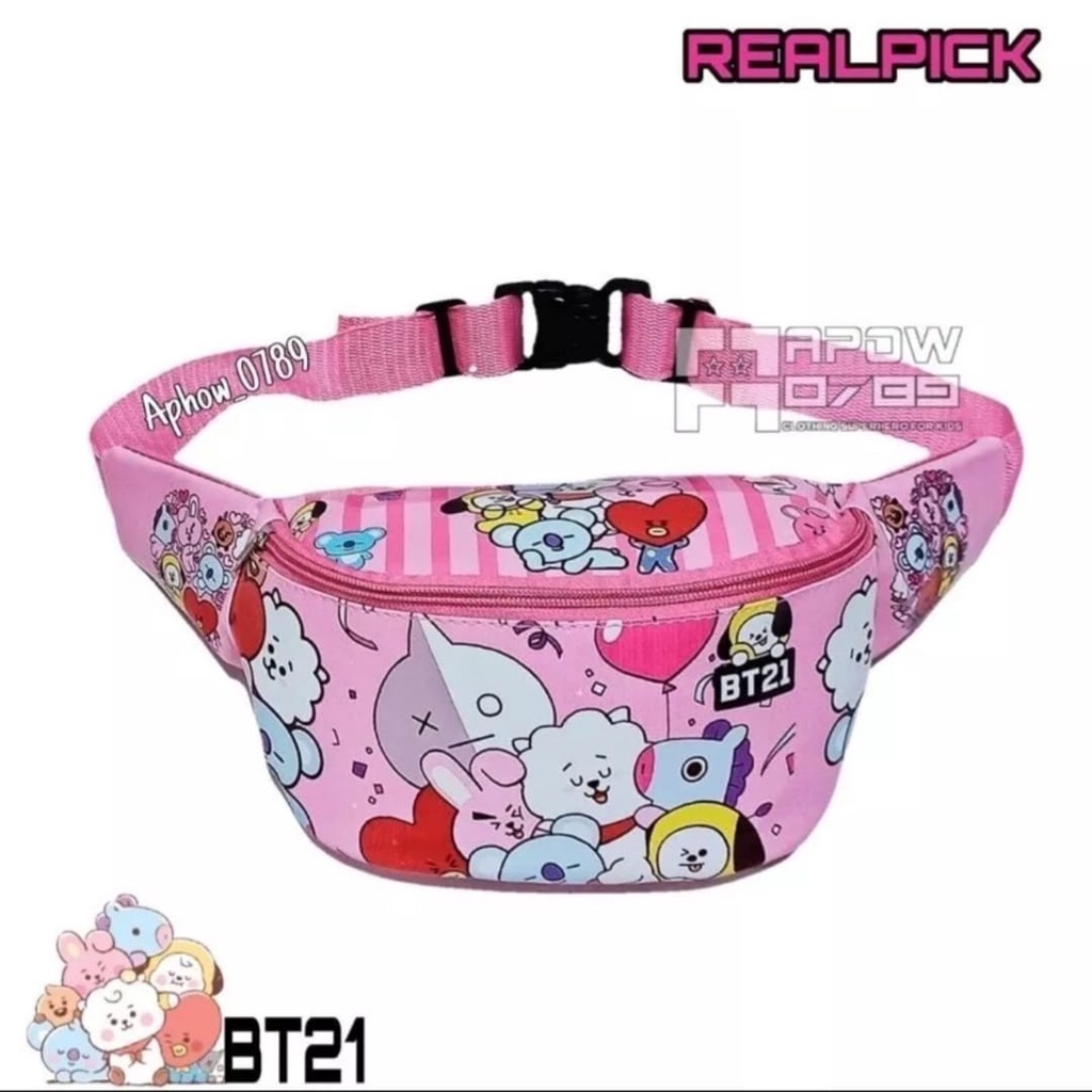 Paket 2in1 Tas selempang BT21 PINK TOPI BTS WAISTBAG Anak perempuan