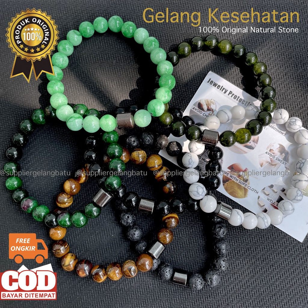 [Bayar Di Tempat] Gelang Kesehatan Pria Wanita Batu Alam Black Onyx Tiger Eye Giok Burma Giok Taiwan White Pyrus Putih Black Jade Aceh Lava Stone Hematite Stone Murah COD Keren