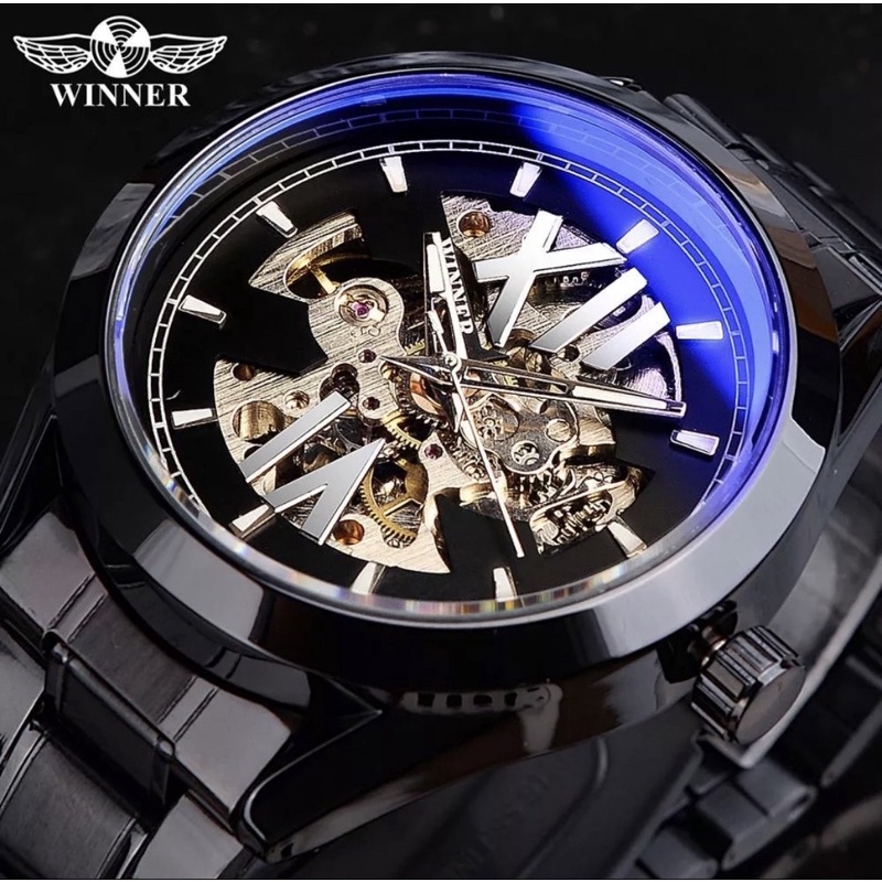 Jam Tangan Automatic Winner Sporty Bisnis Mewah All Black Stainless Steel
