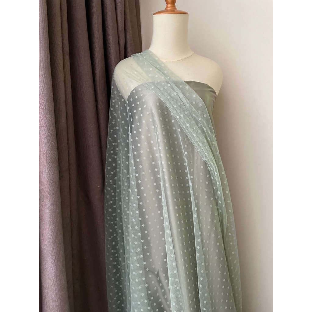 Bahan Kain Soft Tile Tille Tule Tulle Dot Dotty Warna Hijau Sage Green