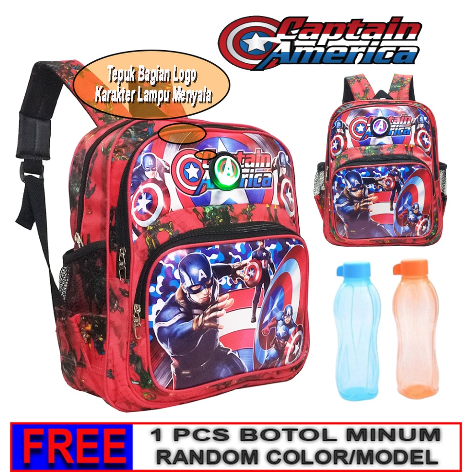 Tas Ransel Anak Laki laki Paud / Tk Led Lampu Nyala karakter CAPTAIN AMERICA FREE BOTOL