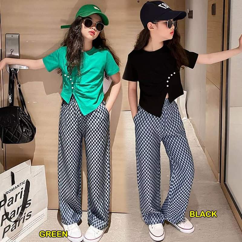 Setelan Celana Kulot Remaja Perempuan Pearl GREEN/BLACK Set 2in1 (baju, celana)