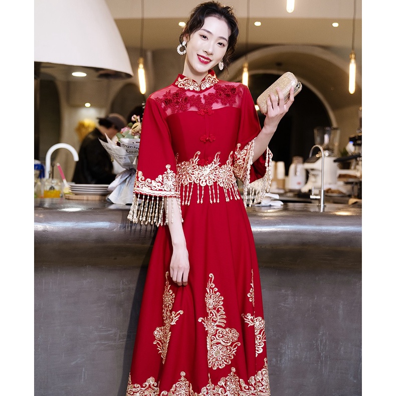 T1018 Gaun Import Midi Gaun Pesta Gaun Sangjit Party Dress Merah Maroon S - 3XL Jahit Custom