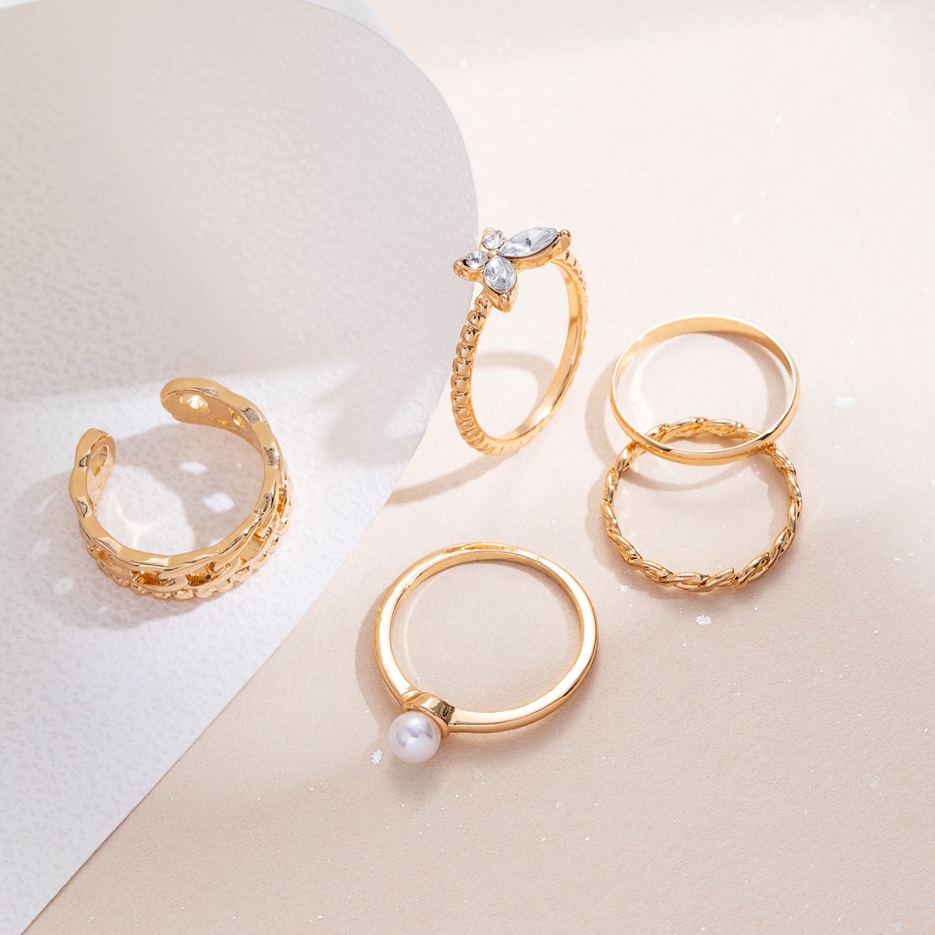 5 Pieces Set Butterfly Pearl Ring Set Opening Adjustable Joint Ring Fashion Ring For women Female