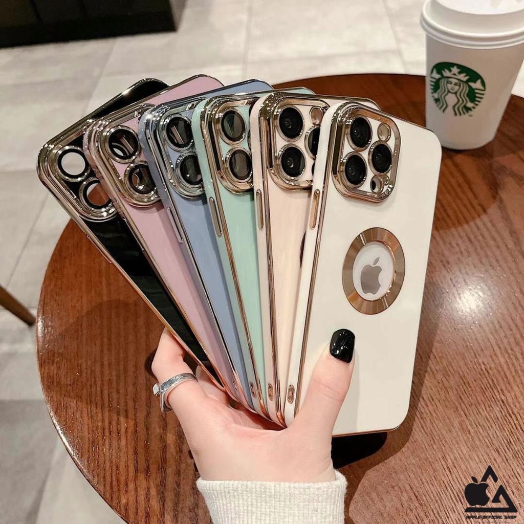 Premium Softcase Square Chrome LOGO BULAT iPhone 13 PRO MAX 12 PRO MAX 11 PRO MAX XR X XS MAX 7 7+ 8 8+ SE 2 3 With Lens Lensa Glass Camera Protector Soft Case Logo Apple List Krom Gold Electroplated Pelindung Kamera Silikon Jelly Clear Cover Bukan Hardca