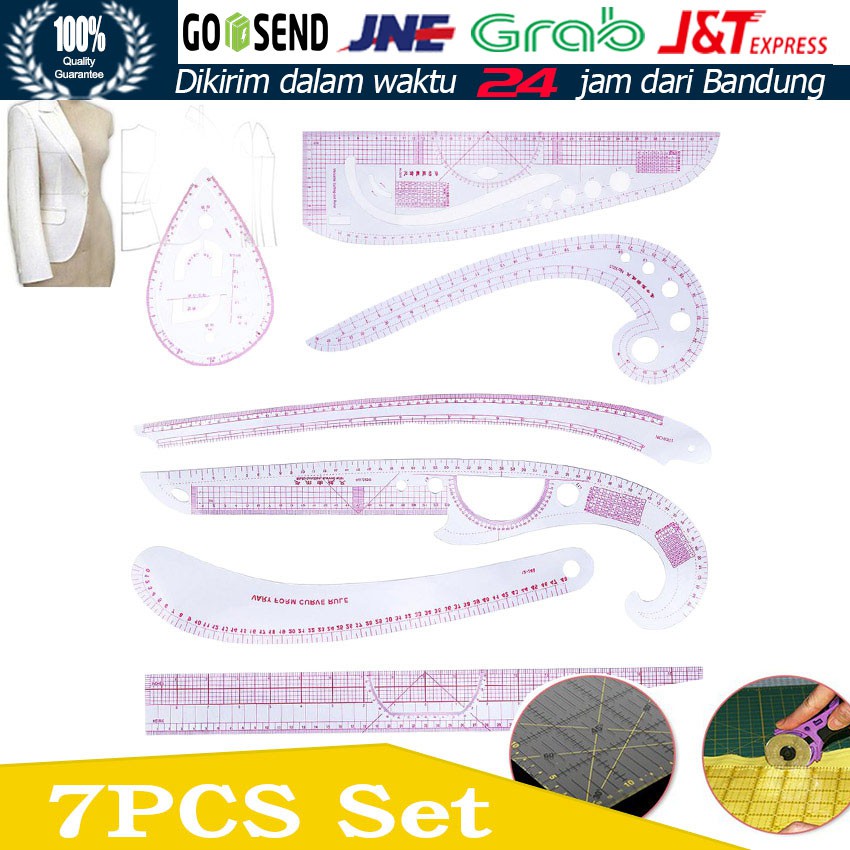 7PCS/Set Penggaris Jahit/Menjahit/Busana/Penjahit-Pola Quilting Patchwork Ruler Penggaris Pola Baju