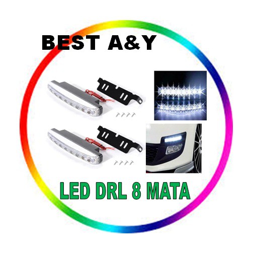 LED DRL Car Mobil Daylight Fog Lamp  8 SMD LED Bulbs 6000K 12V LENGKAP Plat Bracket Dudukan