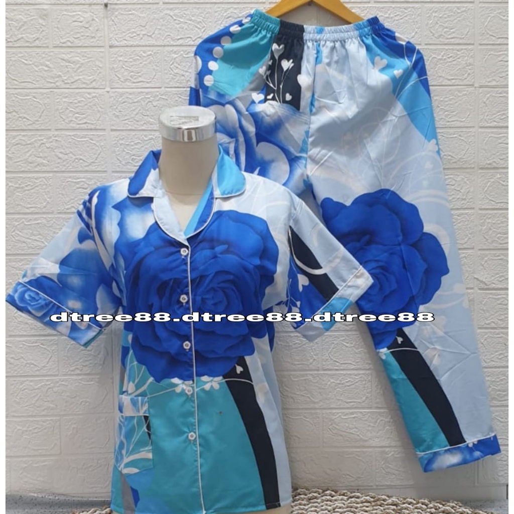 Dtree . baju tidur piyama dewasa cp motif bunga katun eropa / katun lokal-bunga mawar biru
