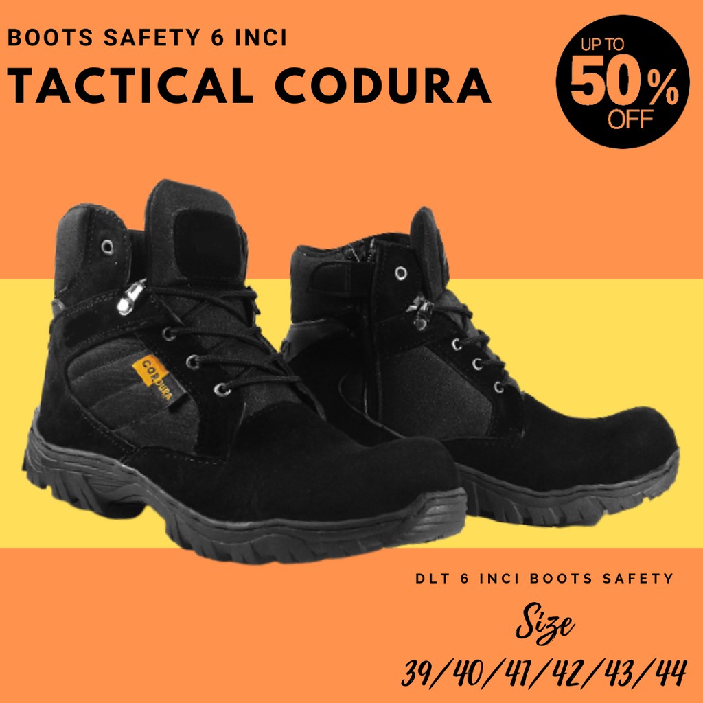 PROMO Sepatu Pria DLT USA Tactical Cordura 6 inci Pendek Sleting Boots Safety Ujung Besi HITAM