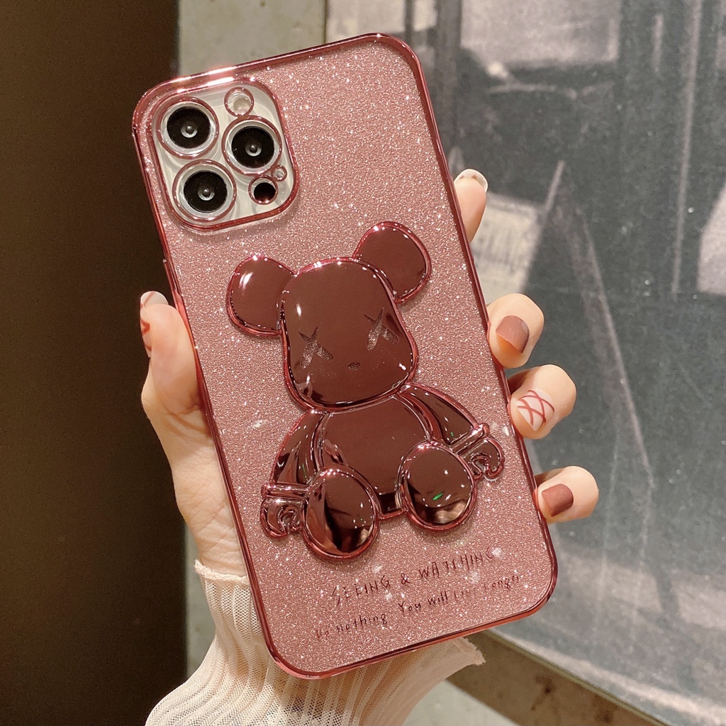 Casing Soft Case iPhone 11 12 13 Pro MAX XR XS MAX 7 + 8Plus XX 6D Motif Beruang Glitter