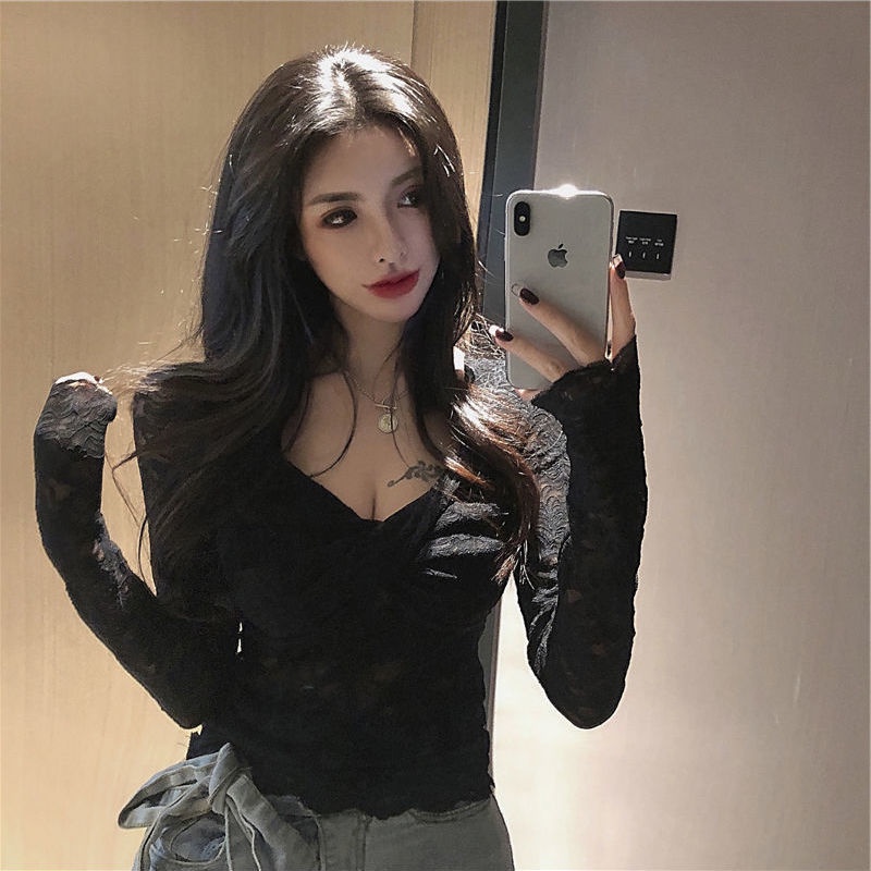 atasan renda import lace bottoming shirt women s western style deep V-neck lengan panjang atasan mes