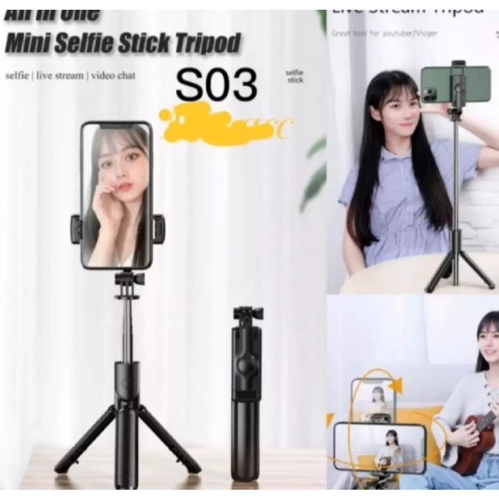 TRIPOD TONGSIS 3 IN 1 S03 SELFIE STICK INTEGRATED TRIPOD/ TONGSIS/ REMOTE BLUETOOTH/LIVE STREAM SELFIE STICK-TRIPOD HP&amp;CAMERA