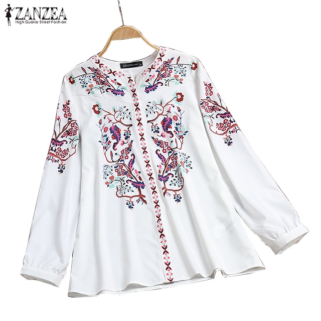 ZANZEA Women Long Sleeve V Neck Button Front Printed Blouse