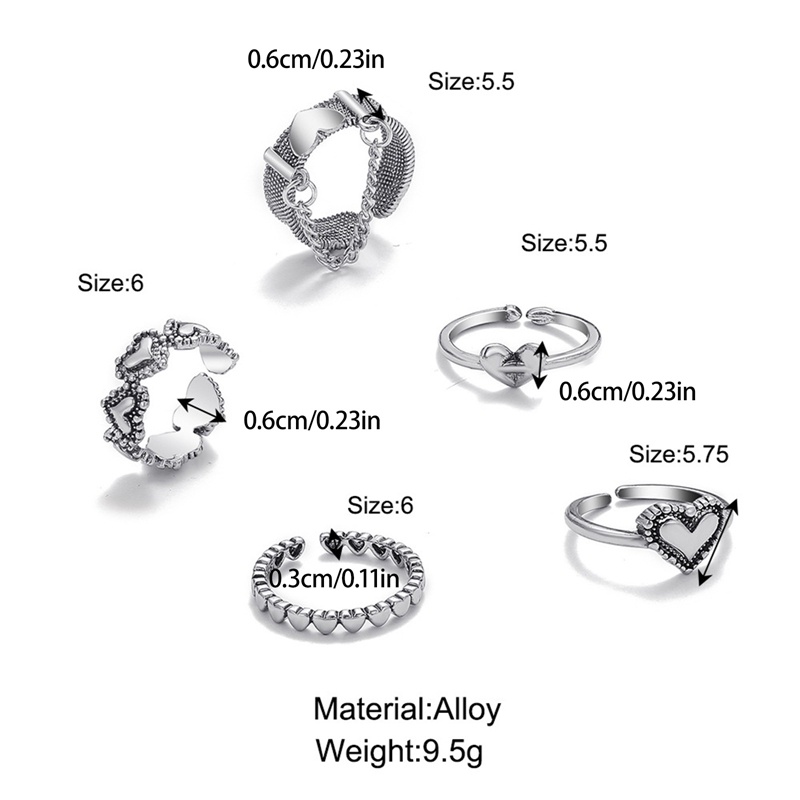 5pcs / Set Cincin Adjustable Bentuk Hati Warna Silver Gaya Punk Untuk Wanita