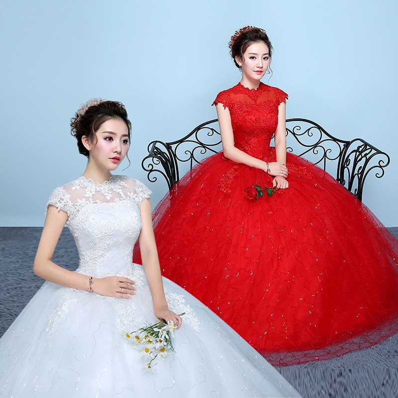 Women Bridal White and Red High Collar Lace Sequin Embroidery Maxi Wedding Dress Party Gown Dress