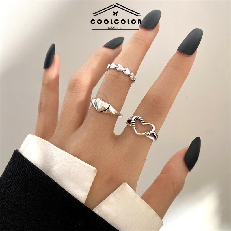 COD❤️3pcs Cincin Model Terbuka Desain Gelombang Hati Warna Silver Gaya Vintage Untuk Wanita- cl