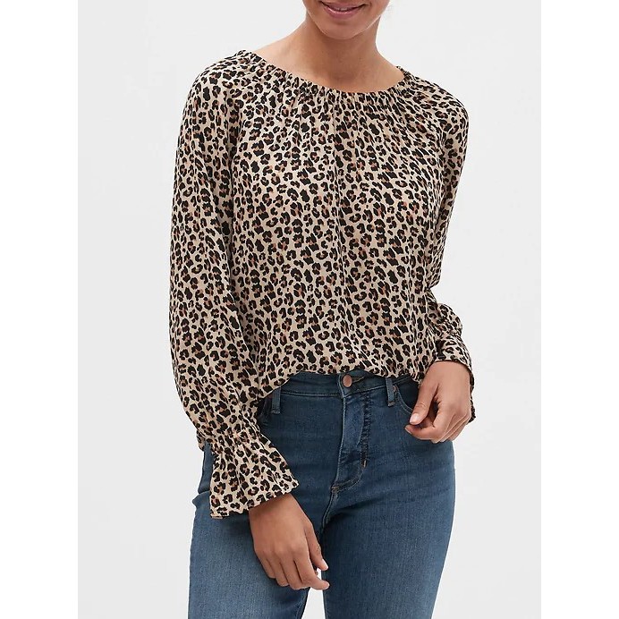 PAKAIAN WANITA /ATASAN PUTIH CORAK LEOPARD / Gathered-Neck Blouse BANANA REPUBLIC BRANDED FULL LABEL
