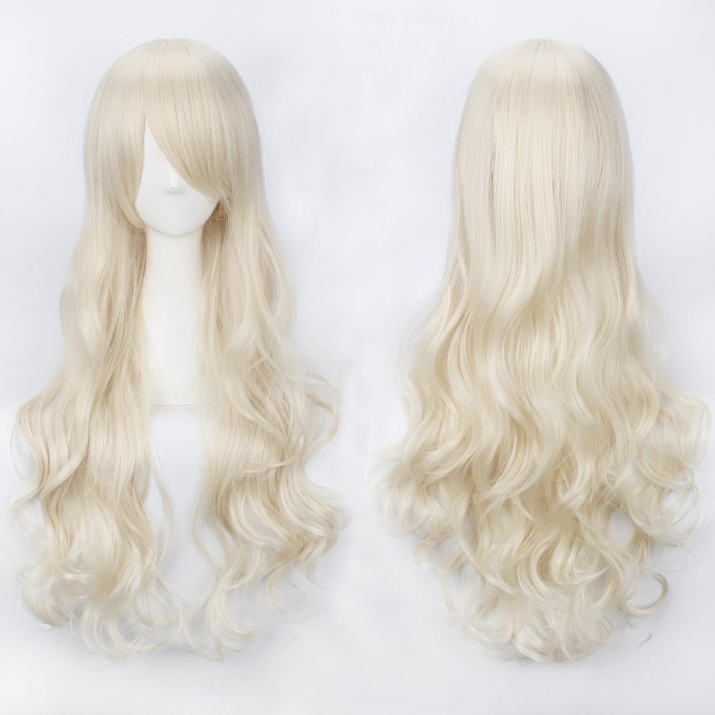 K027 wig base wavy 80 cm curly wanita cosplay rambut palsu daily lolita gelombang hitam putih abu