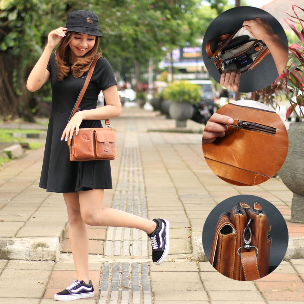 Tas Selempang Wanita QI LEATHER / Tas Kuliah Cewek Bahan Kulit Sapi Asli Kode : HB09