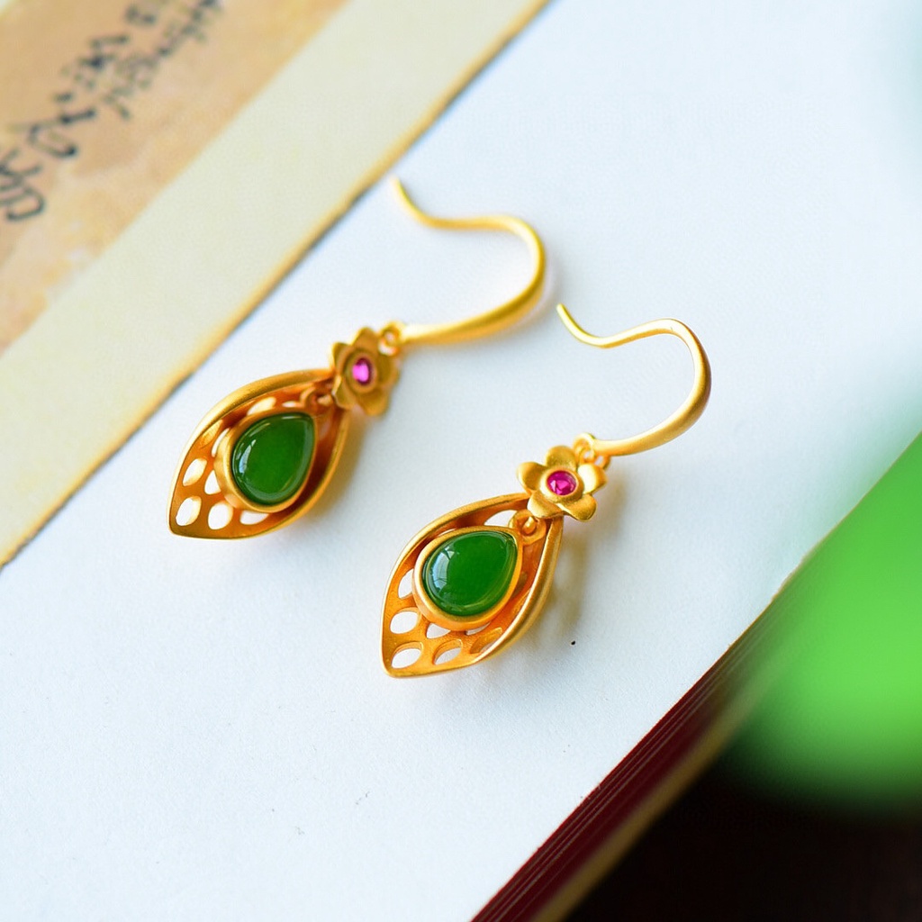 Goldkingdom Perhiasan Fashion Emas Asli Kadar 375 Bangkok Aksesoris Ready Stock Gaya Cina Berlapis Emas Hijau Hetian Giok Jasper Wanita Gaya Ibu Anting Vintage