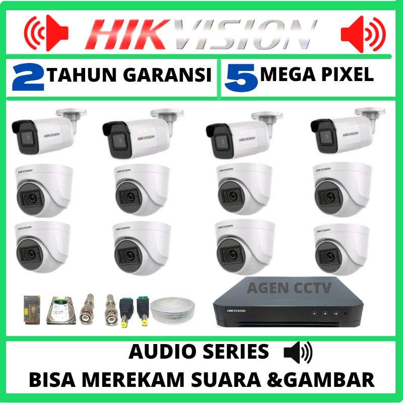 PAKET CCTV HIKVISION 16 CHANNEL 12 KAMERA 5MP AUDIO SERIES BISA MEREKAM SUARA DAN GAMBAR