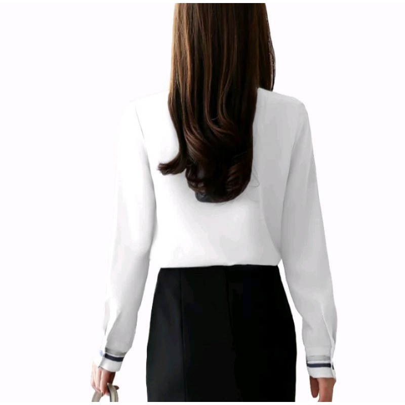 Blouse Wanita Blus Kerja Kantor Lengan Panjang Putih Polos Variasi Syal Leher Korean Style - ARRA-6