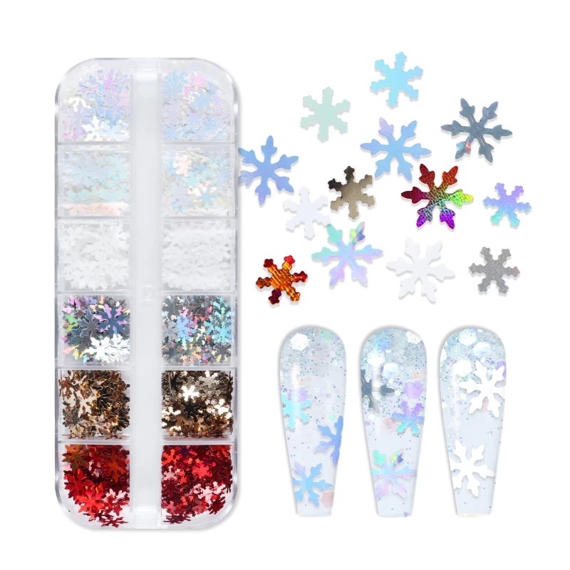 [12 Grids Mixed Style Winter Christmas Nails Art Snowflake Glitter Crafts] [ Nail Art Decorations] [DIY Manicure Accessories]