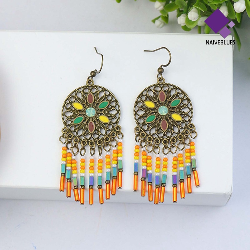 1 Pasang Anting Kait Gantung Wanita Desain Hollow Hias Manik-Manik Multi Warna Gaya Bohemian Untuk Pesta