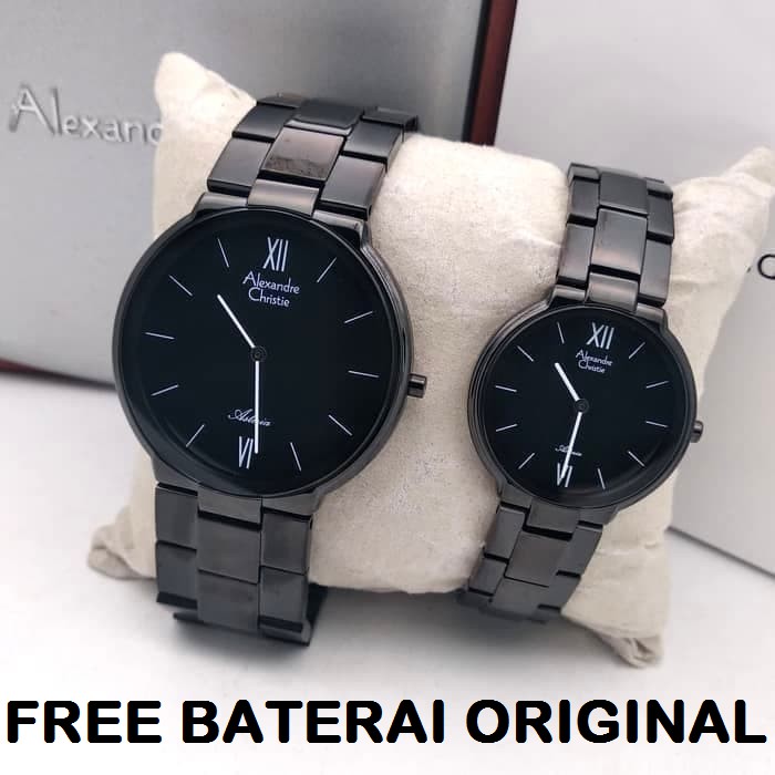 [Free Baterai] JAM TANGAN COUPLE ALEXANDRE CHRISTIE AC 8603 FULL BLACK LIST WHITE HARGA SEPASANG ORI