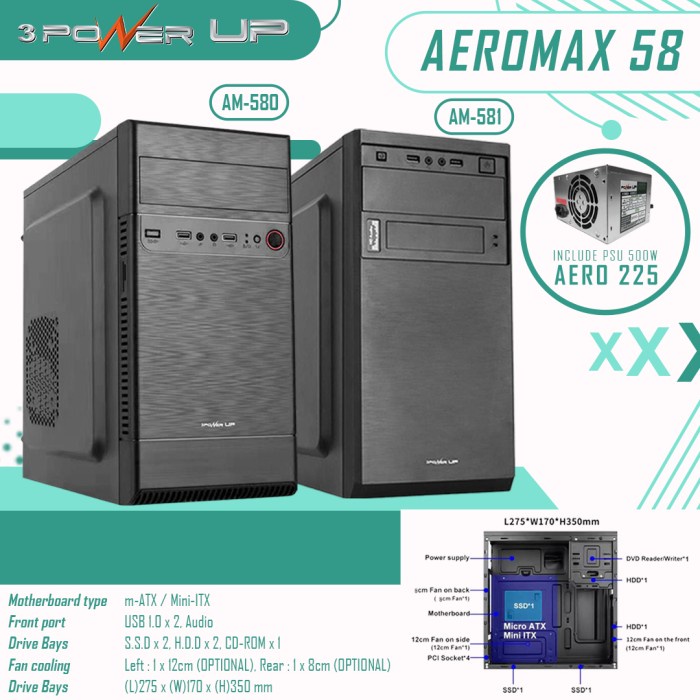 Casing POWER UP Micro-ATX AEROMAX AM-581 include PSU 500W