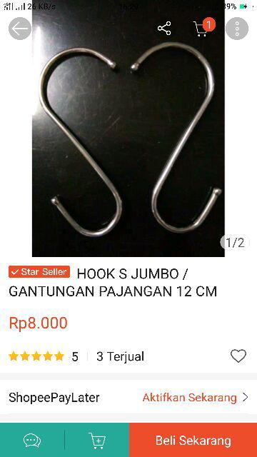 Hook S Jumbo / Gantungan Pajangan 12 Cm Stainless Nikel