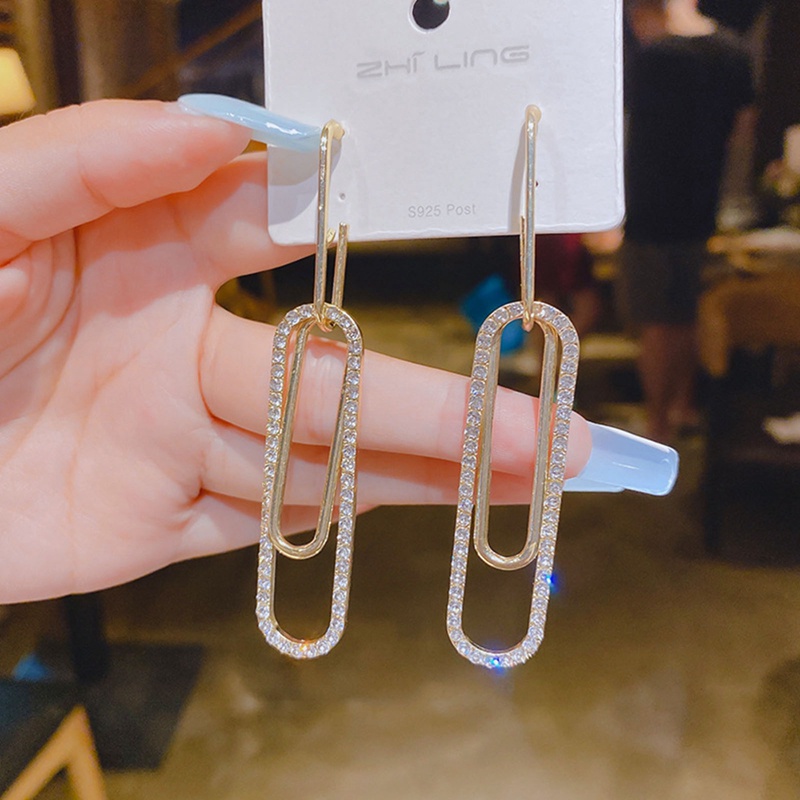 Anting Tusuk Gantung Panjang Desain Geometri Hias Kristal Berlian Imitasi Untuk Wanita