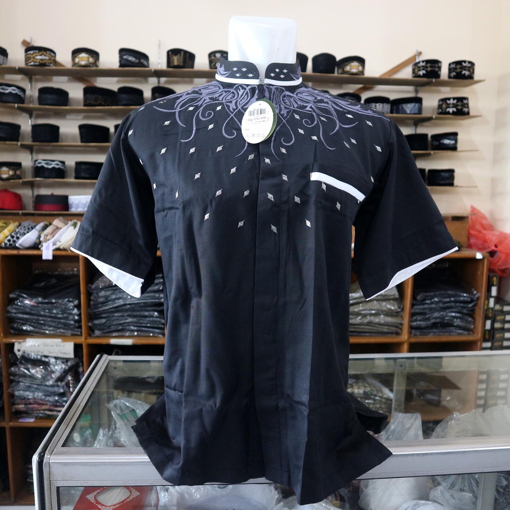 baju koko lengan pendek hitam bordir sajidah 7106