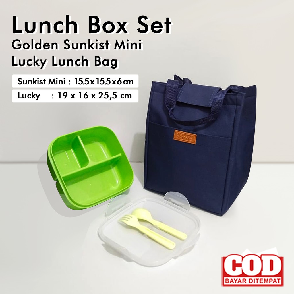 set Kotak Makan lunch box Golden Sunkist kotak bekal dan tas bekal Waterproof lunch box anti bocor