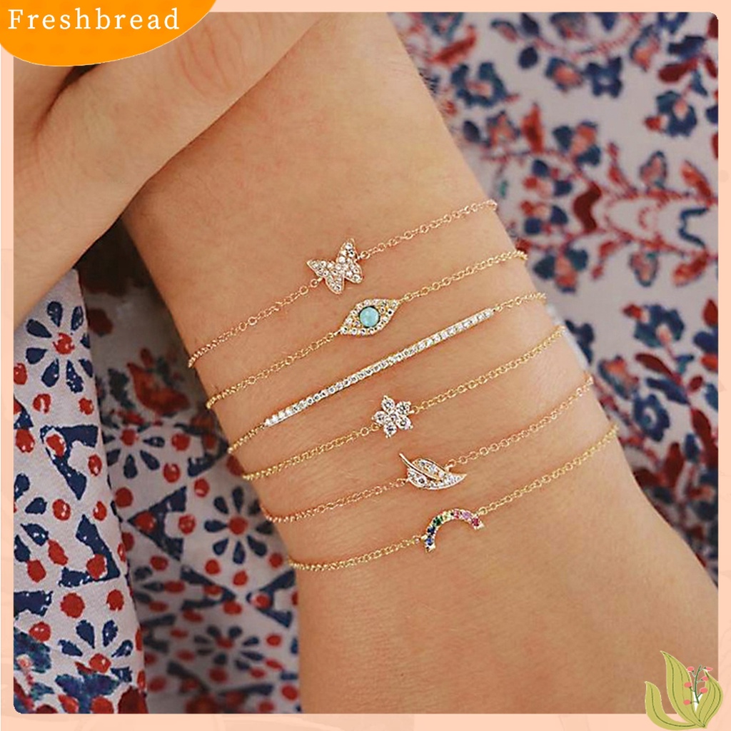 [Fresh] 6Pcs / Set Gelang Bangle Aksen Bunga + Kupu-Kupu + Berlian Imitasi untuk Wanita