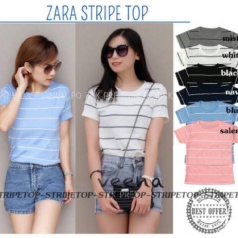 ZARA Stripe Top Kaos Wanita Garis Garis Fashion Wanita