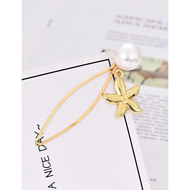 LRC Jepit Rambut Fashion Gold Pearl Five-pointed Star Hairpin F39360