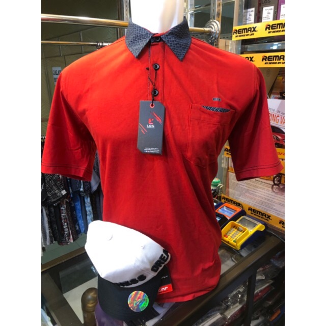KAOS KERAH LGS DENIM MERAH BAHAN KATUN