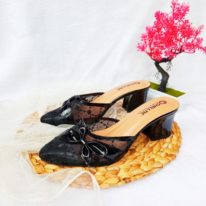 Ready Stok High Heels Wanita Sandal Hak Tahu Brokat Remaja Terbaru 2021 CHELLTIC - Hitam, 36