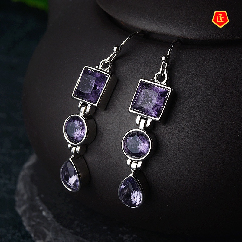 [Ready Stock]Amethyst Rhinestone Earrings Fashion Elegant Graceful