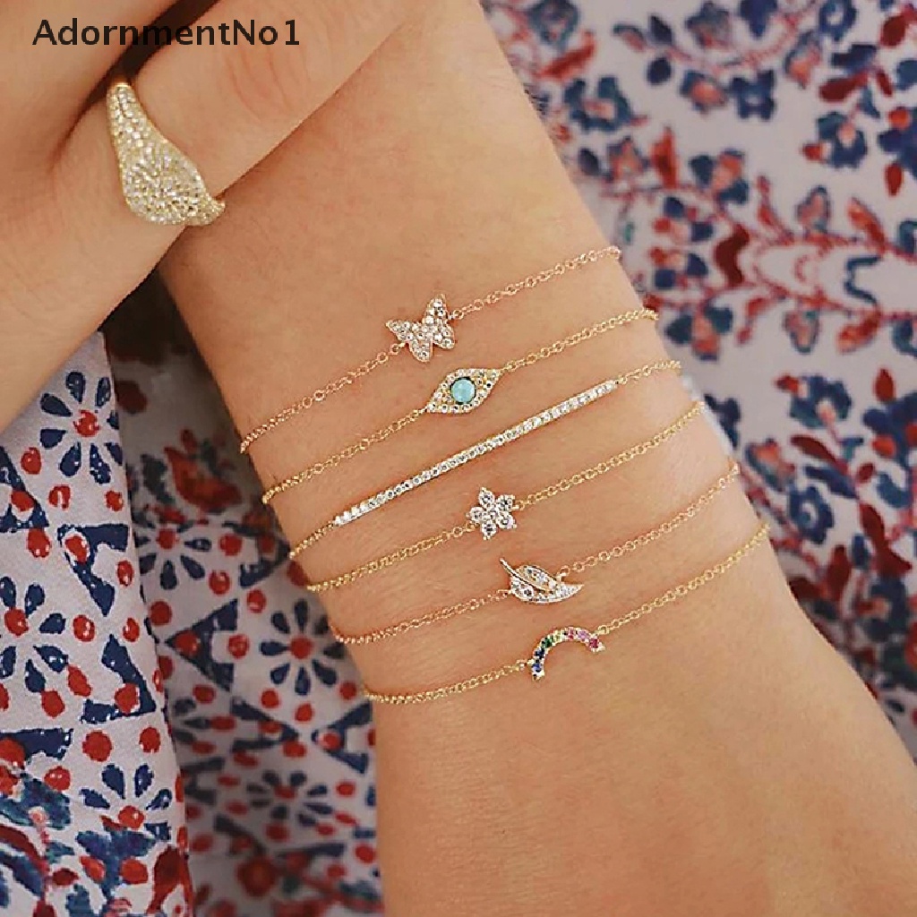 (AdornmentNo1) 6pcs / Set Gelang Tangan Wanita Desain Kupu-Kupu / Bunga / Daun Hias Kristal